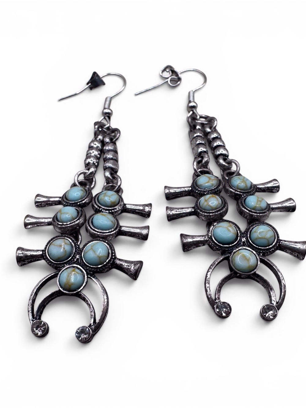 Turquoise Stone Navajo-Style Dangle Earrings - Silver Tone